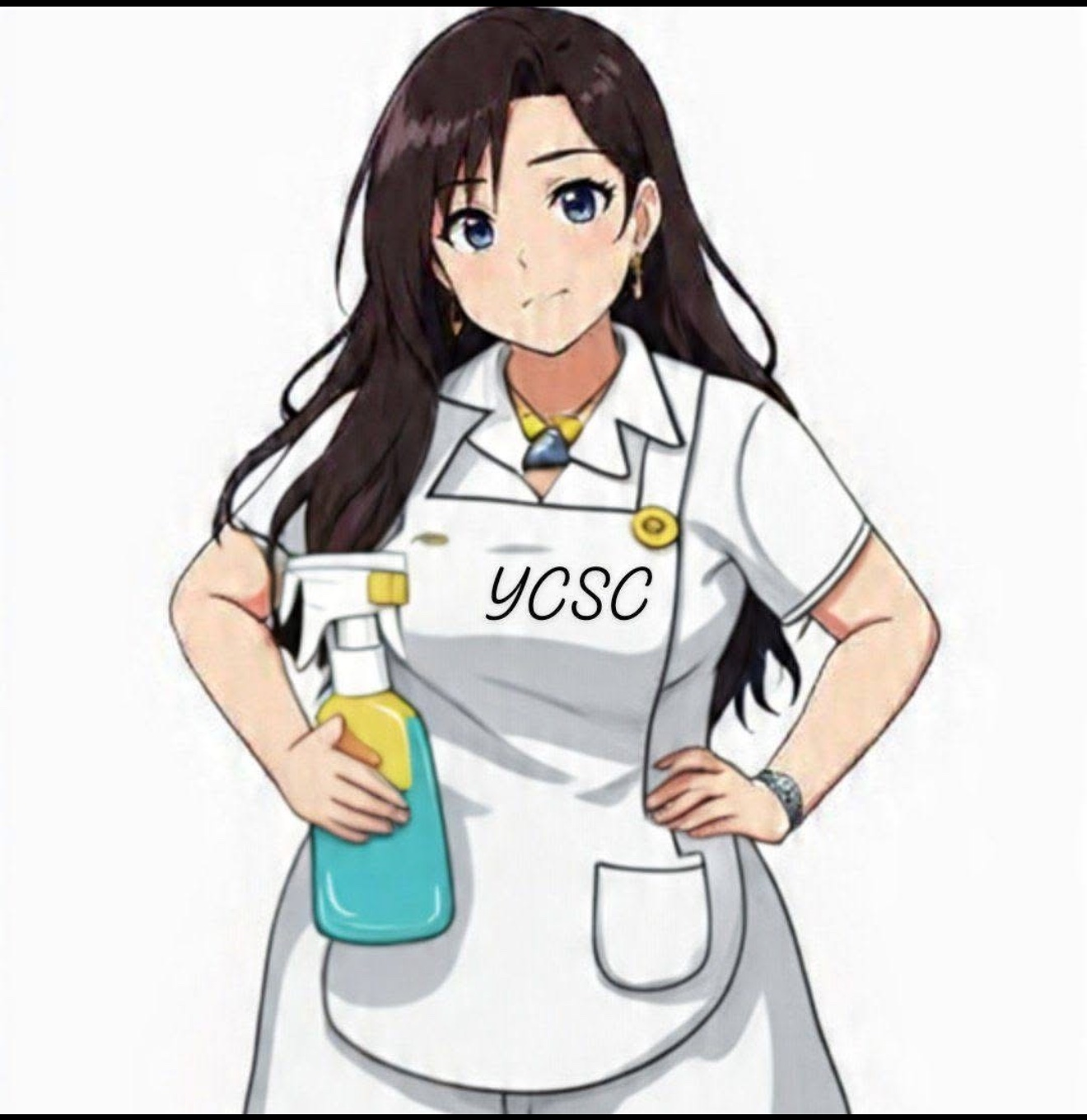 Yudira's illustrated mascot in a white YCSC cleaning uniform holding a teal spray bottle